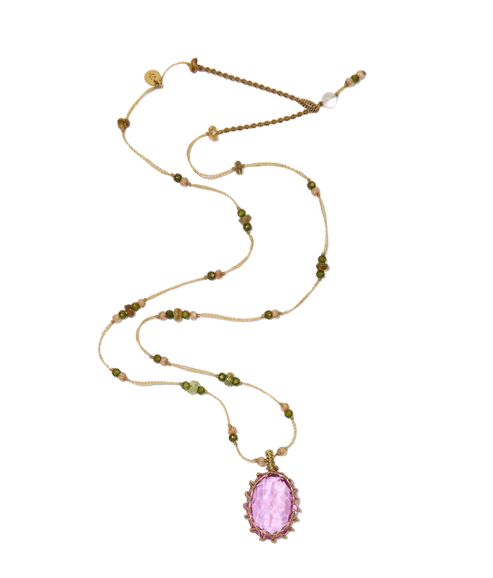 Collier court tibétain - Indian Glass Pink - Mix Emeraude - Fil Beige