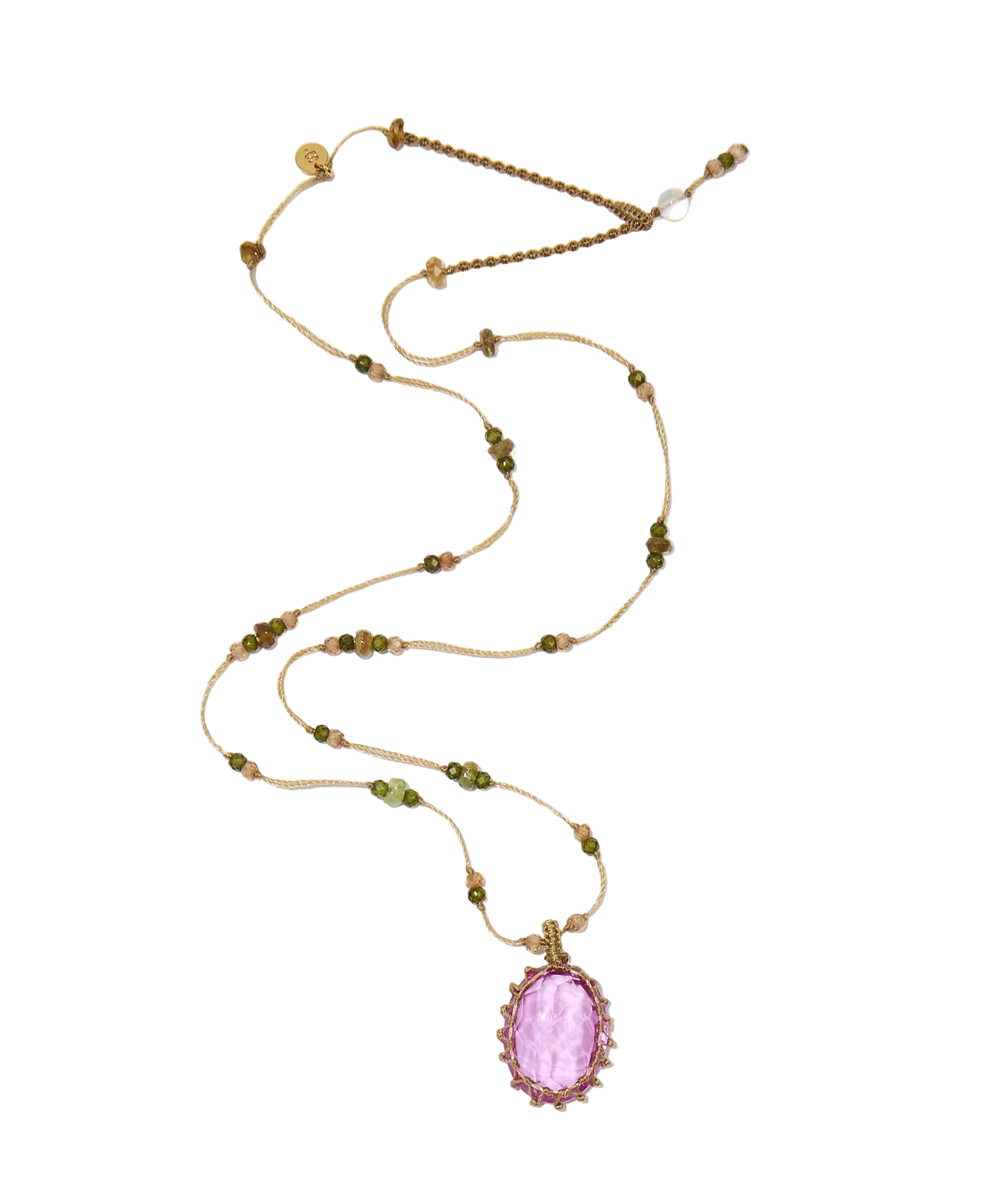 Collier court tibétain - Indian Glass Pink - Mix Emeraude - Fil Beige