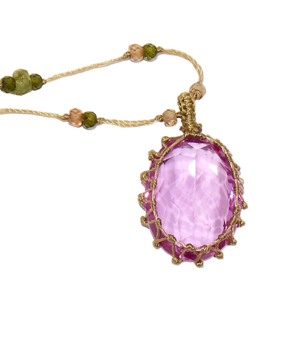 Collier court tibétain - Indian Glass Pink - Mix Tourmalines - Fil Beige