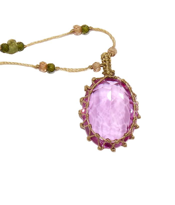 Collier court tibétain - Indian Glass Pink - Mix Emeraude - Fil Beige