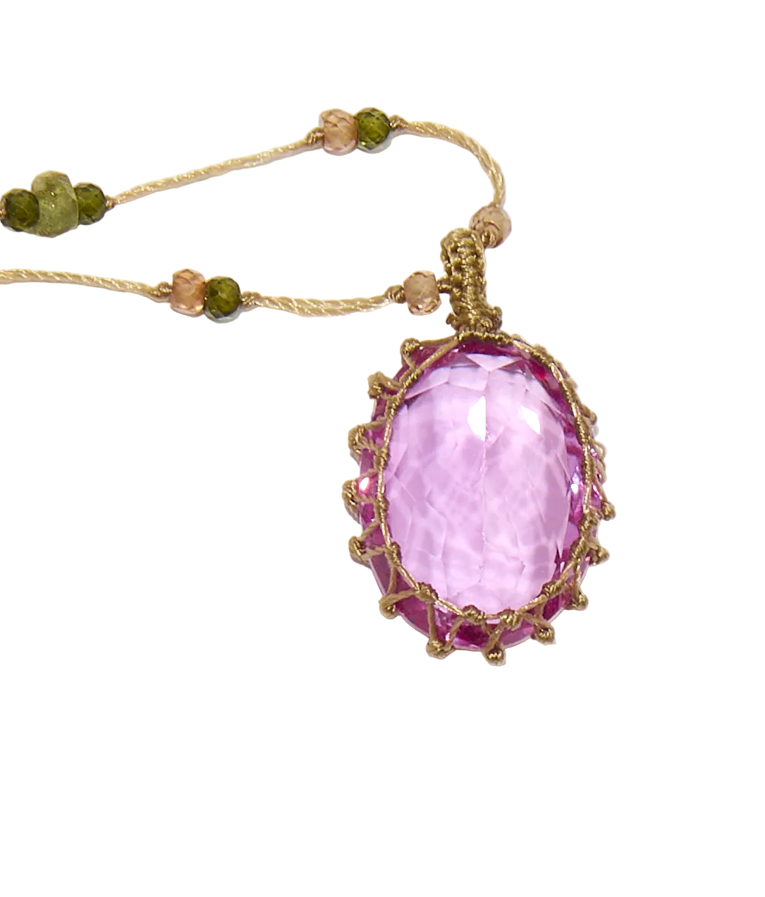 Collier court tibétain - Indian Glass Pink - Mix Emeraude - Fil Beige