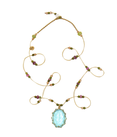 Collier Court Tibétain - Dublet paraiba - Mix Tourmaline - Fil Beige