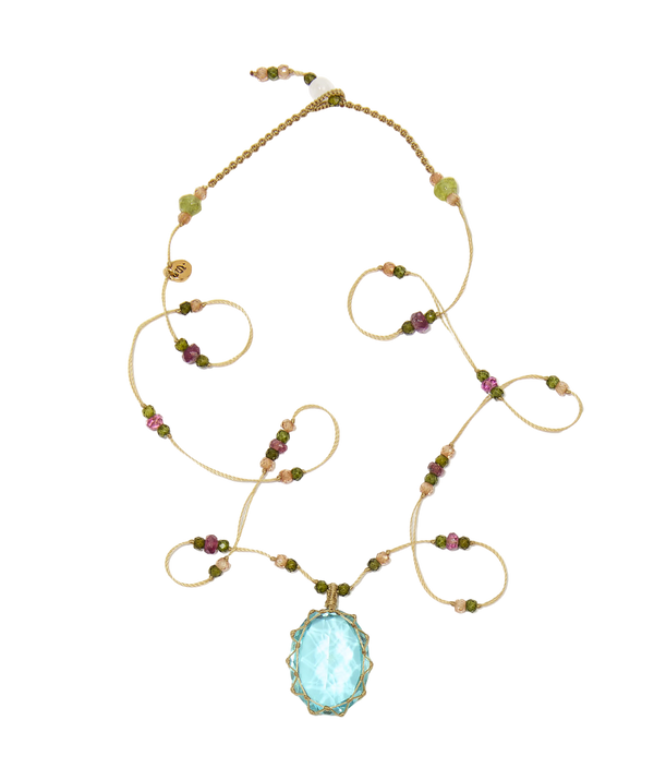 Collier Court Tibétain - Dublet paraiba - Mix Tourmaline - Fil Beige