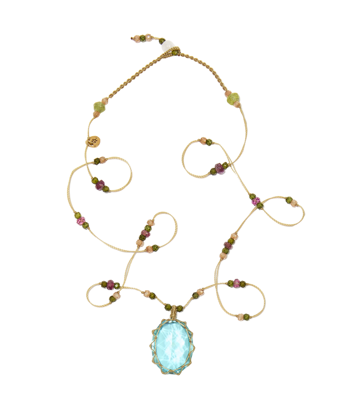 Collier Court Tibétain - Dublet paraiba - Mix Tourmaline - Fil Beige