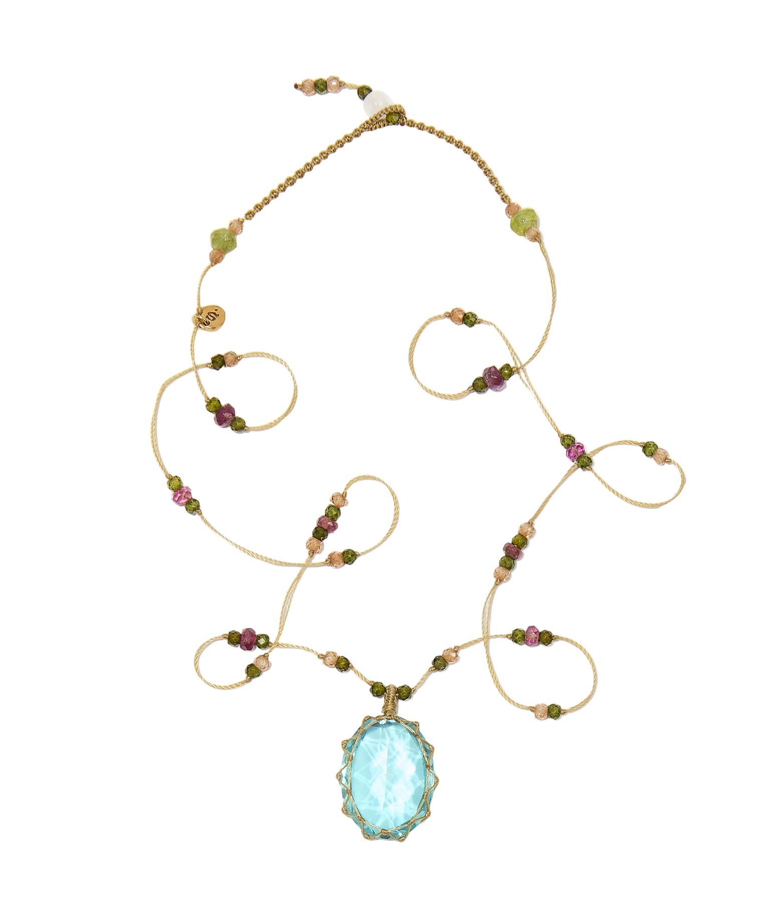 Collier Court Tibétain - Dublet paraiba - Mix Tourmaline - Fil Beige