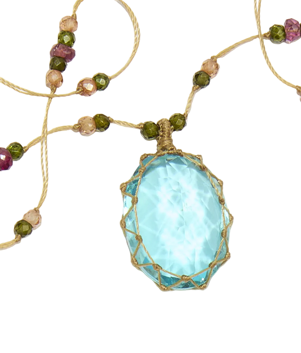 Collier Court Tibétain - Dublet paraiba - Mix Tourmaline - Fil Beige