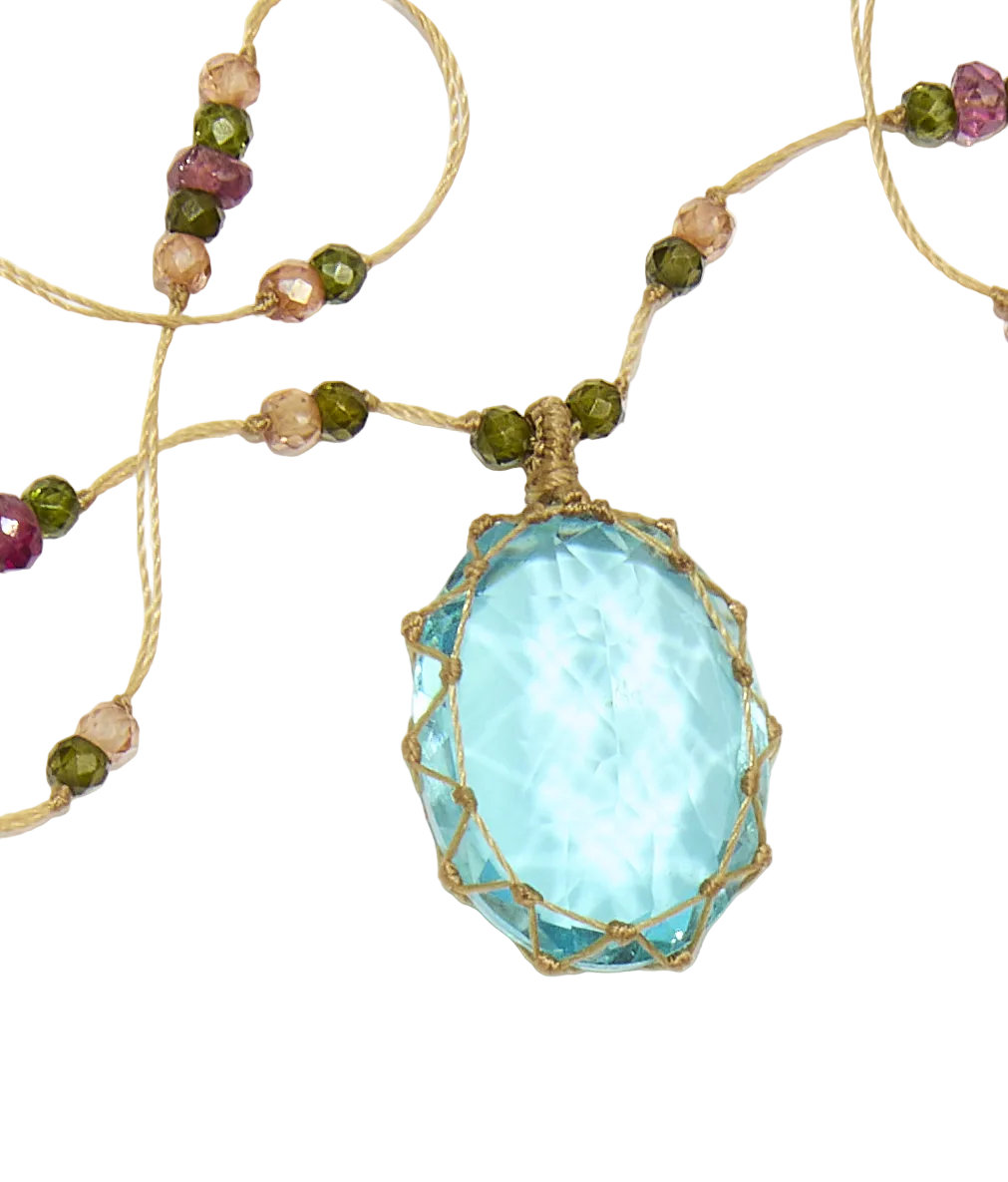 Collier Court Tibétain - Dublet paraiba - Mix Tourmaline - Fil Beige