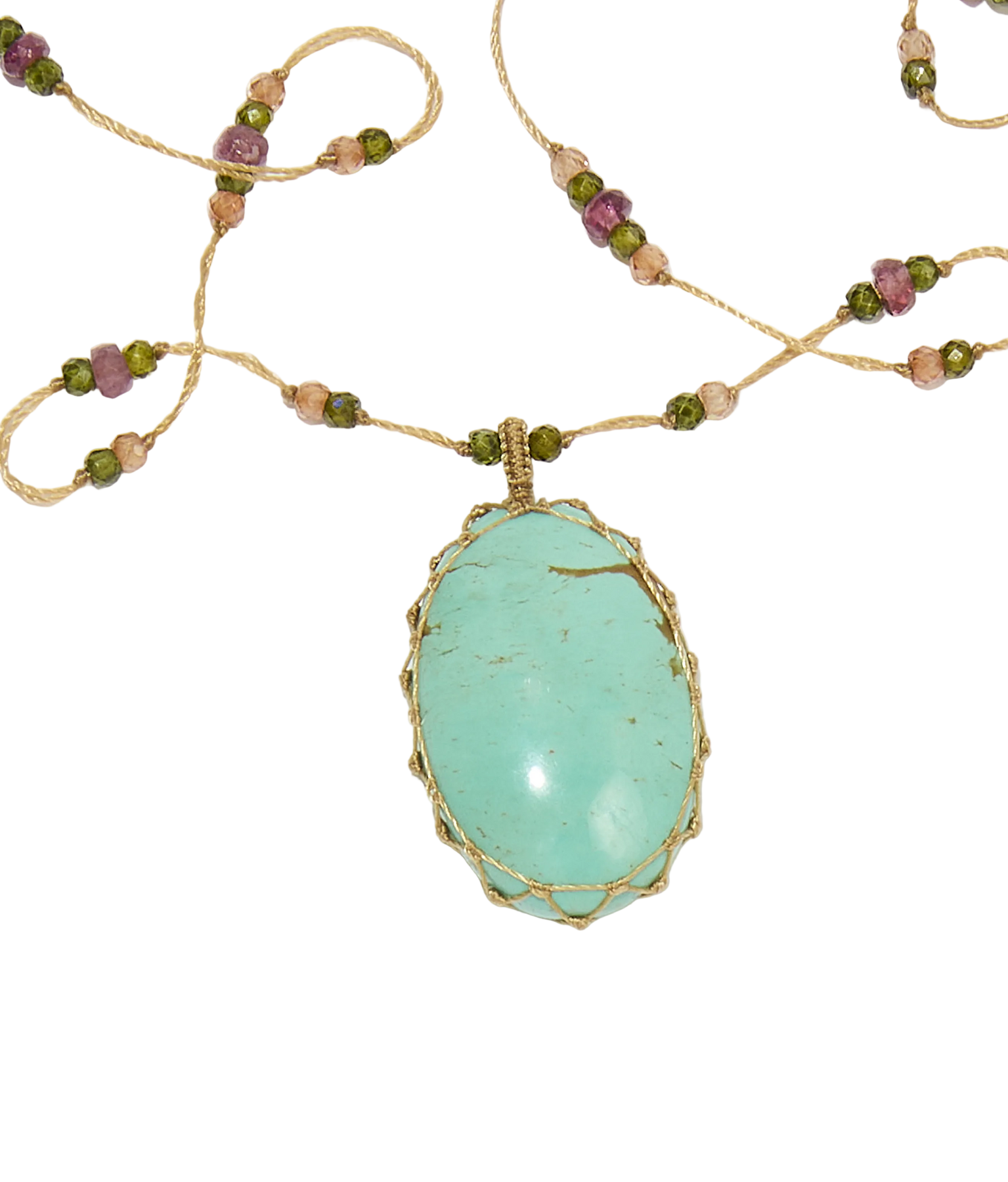 Sautoir Tibétain - Turquoise - Mix Tourmaline Rose - Fil Beige