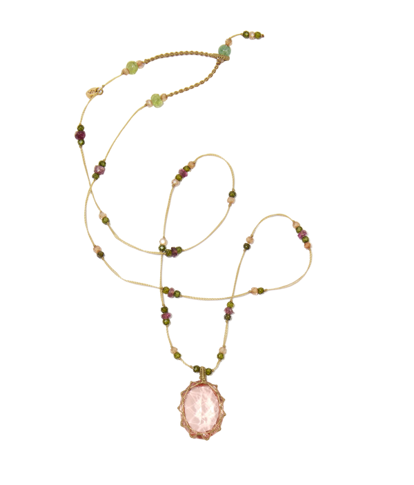 Collier court tibétain - Dublet Morganite - Mix Tourmaline Rose - Fil Beige