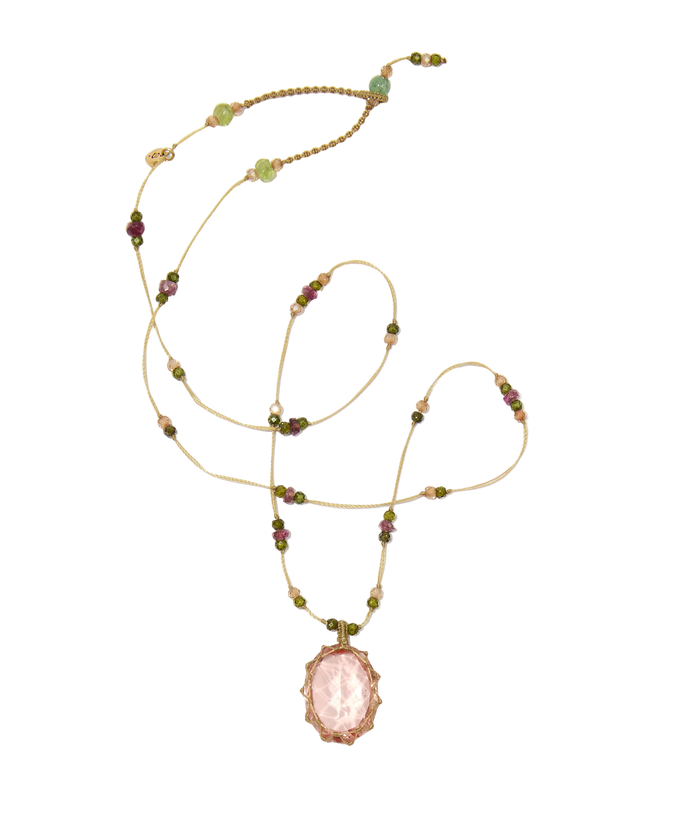 Collier court tibétain - Dublet Morganite - Mix Tourmaline Rose - Fil Beige