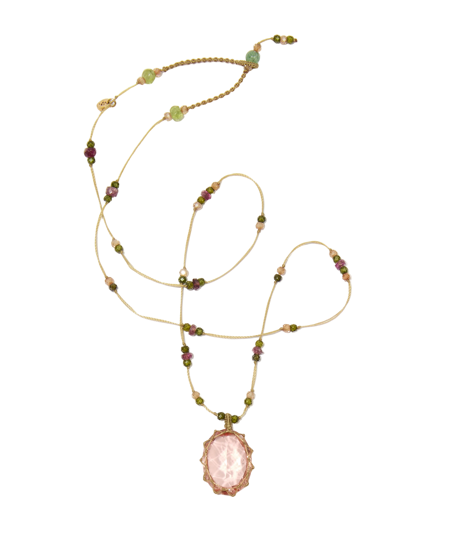 Collier court tibétain - Dublet Morganite - Mix Tourmaline Rose - Fil Beige