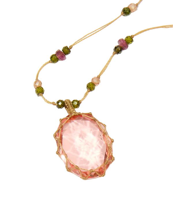 Collier court tibétain - Dublet Morganite - Mix Tourmaline Rose - Fil Beige