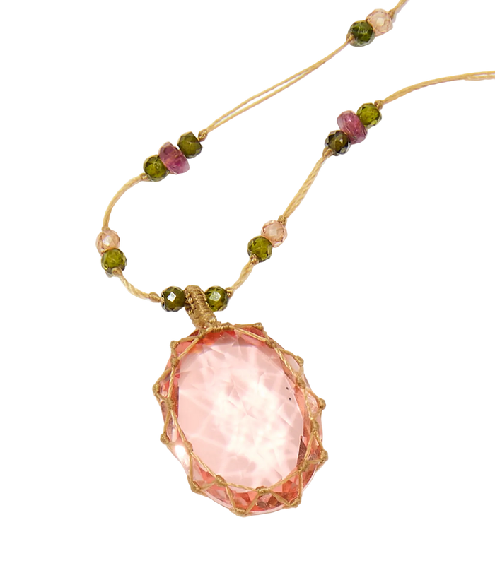 Collier court tibétain - Dublet Morganite - Mix Tourmaline Rose - Fil Beige