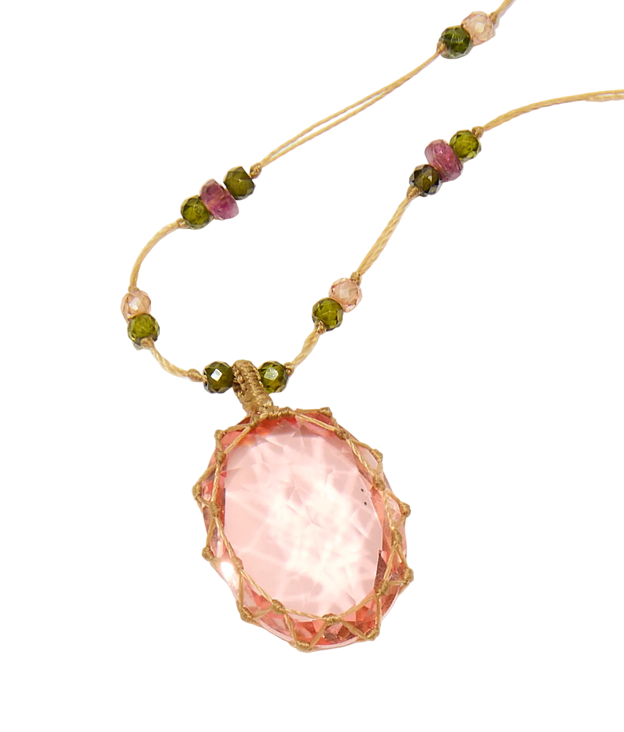 Collier court tibétain - Dublet Morganite - Mix Tourmaline Rose - Fil Beige