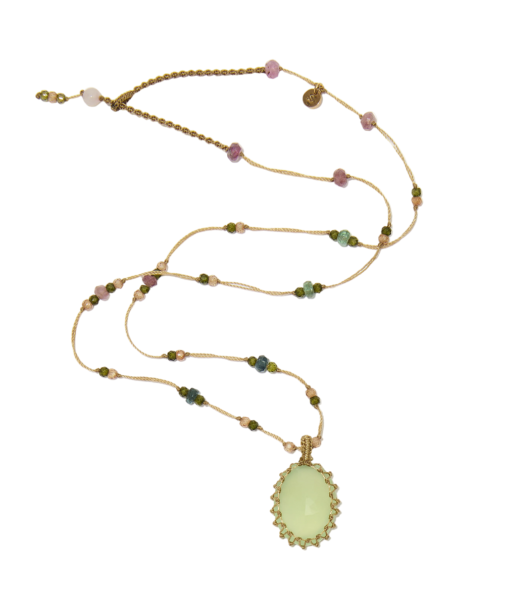 Collier court tibétain - Calcédoine Verte - Mix Tourmaline Rose - Fil Beige