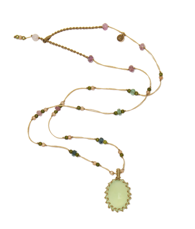Collier court tibétain - Calcédoine Verte - Mix Tourmaline Rose - Fil Beige