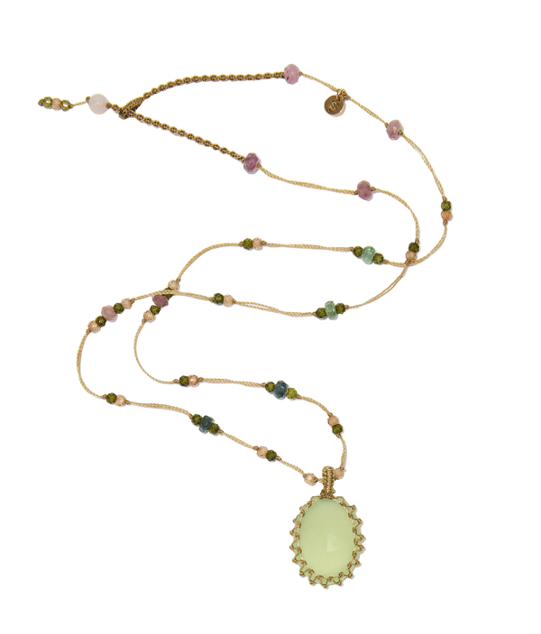 Collier court tibétain - Calcédoine Verte - Mix Tourmaline Rose - Fil Beige