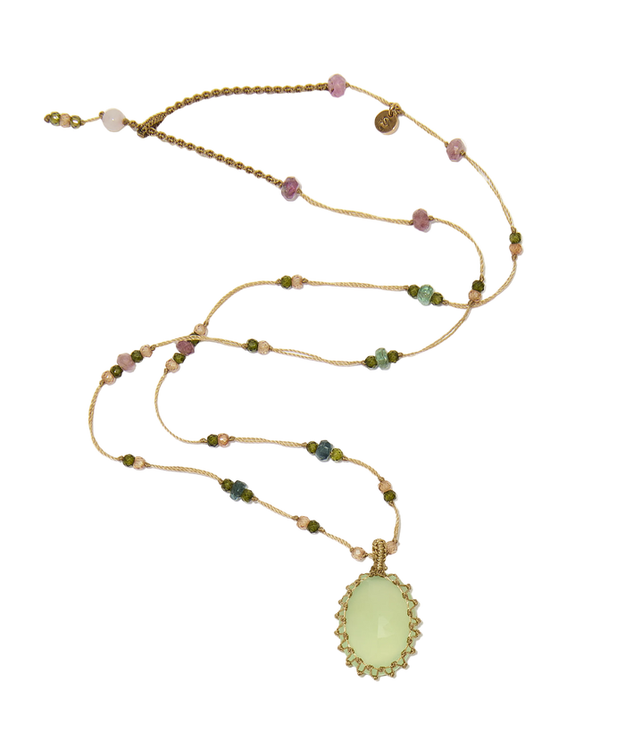 Collier court tibétain - Calcédoine Verte - Mix Tourmaline Rose - Fil Beige