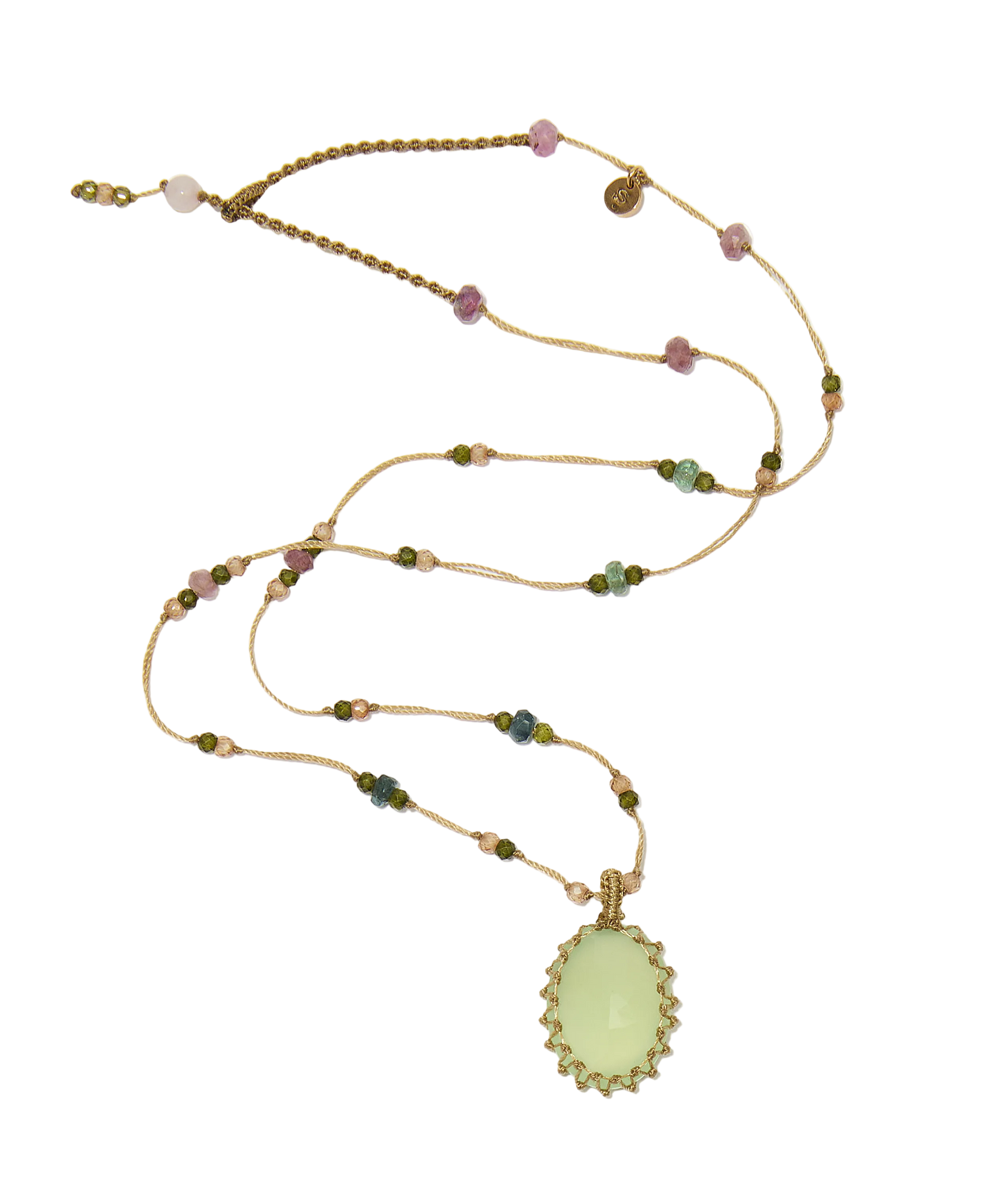 Collier court tibétain - Calcédoine Verte - Mix Tourmaline Rose - Fil Beige