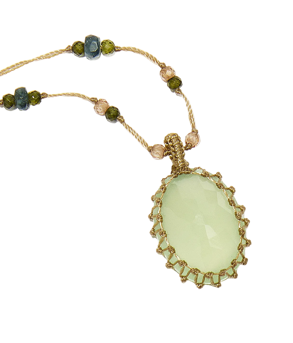 Collier court tibétain - Calcédoine Verte - Mix Tourmaline Rose - Fil Beige