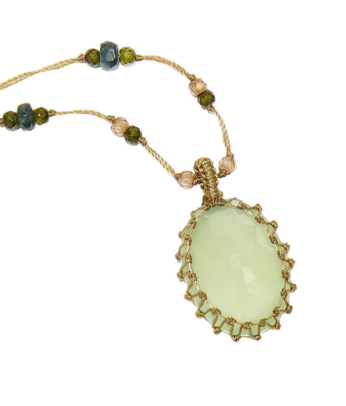 Collier court tibétain - Calcédoine Verte - Mix Tourmaline Rose - Fil Beige