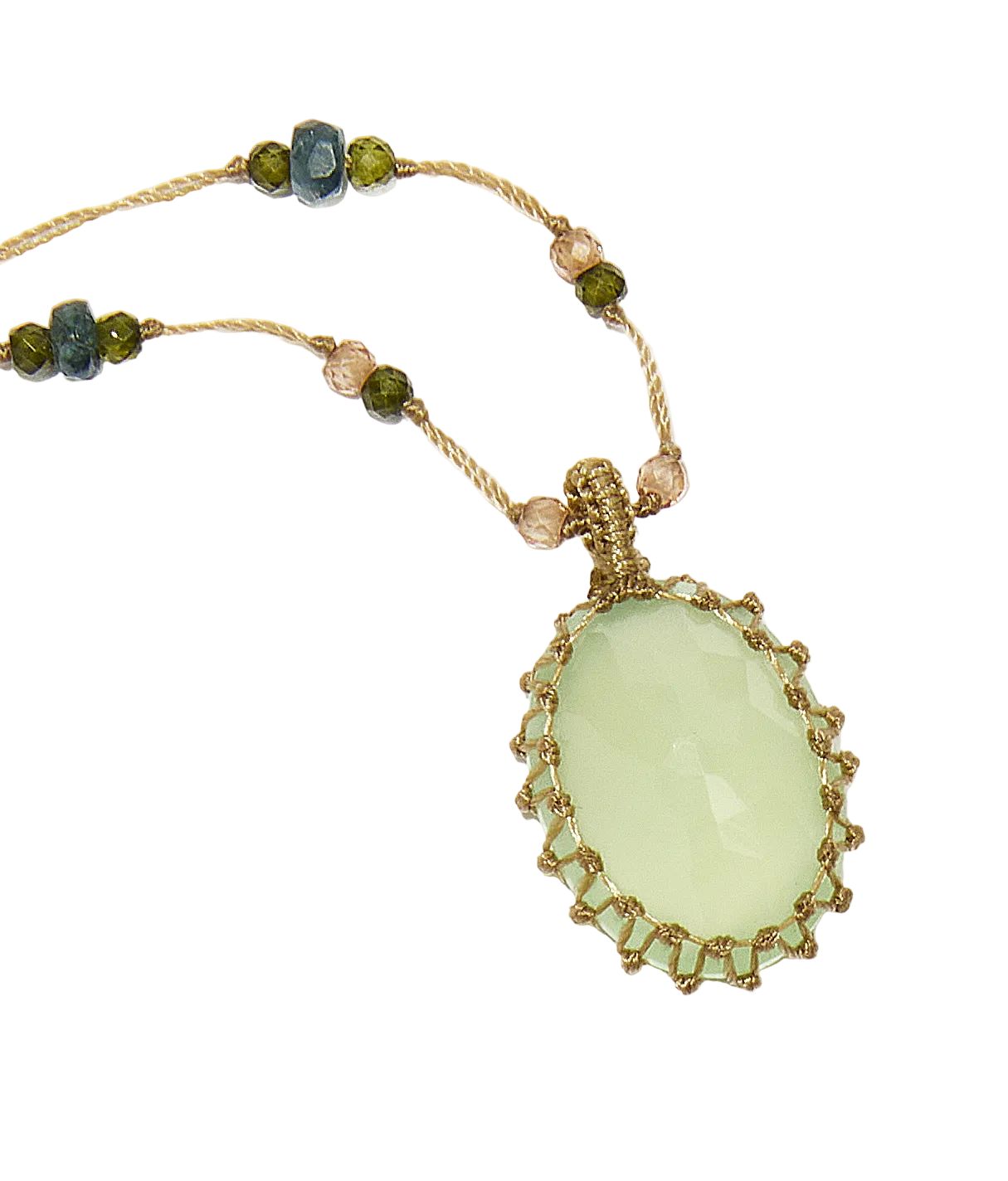 Collier court tibétain - Calcédoine Verte - Mix Tourmaline Rose - Fil Beige