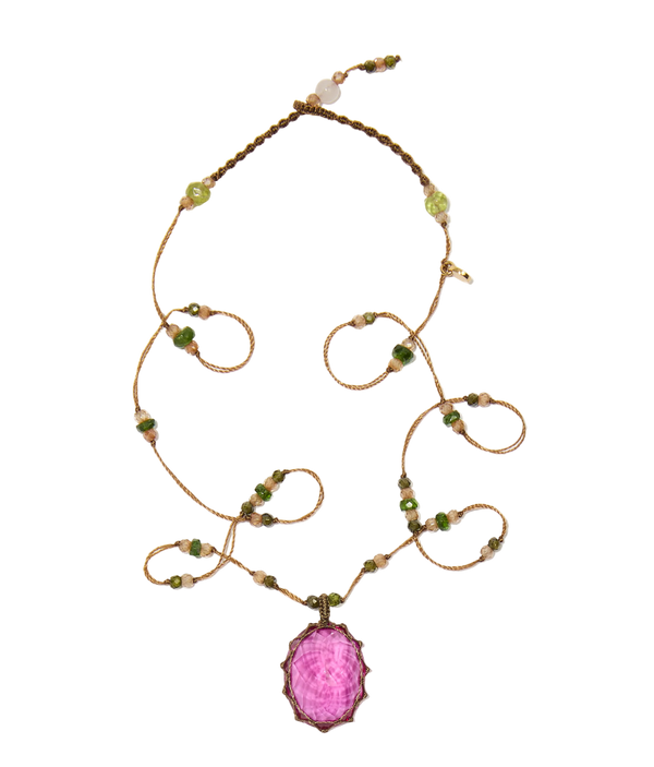 Collier court tibétain - Indian Glass Pink - Mix Emeraude - Fil Tabac