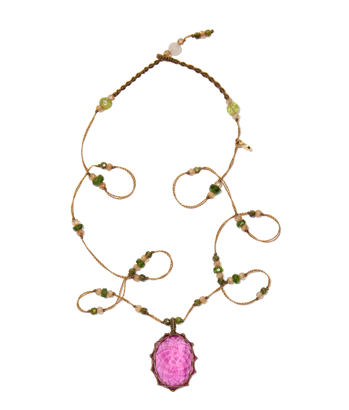 Collier court tibétain - Indian Glass Pink - Mix Emeraude - Fil Tabac