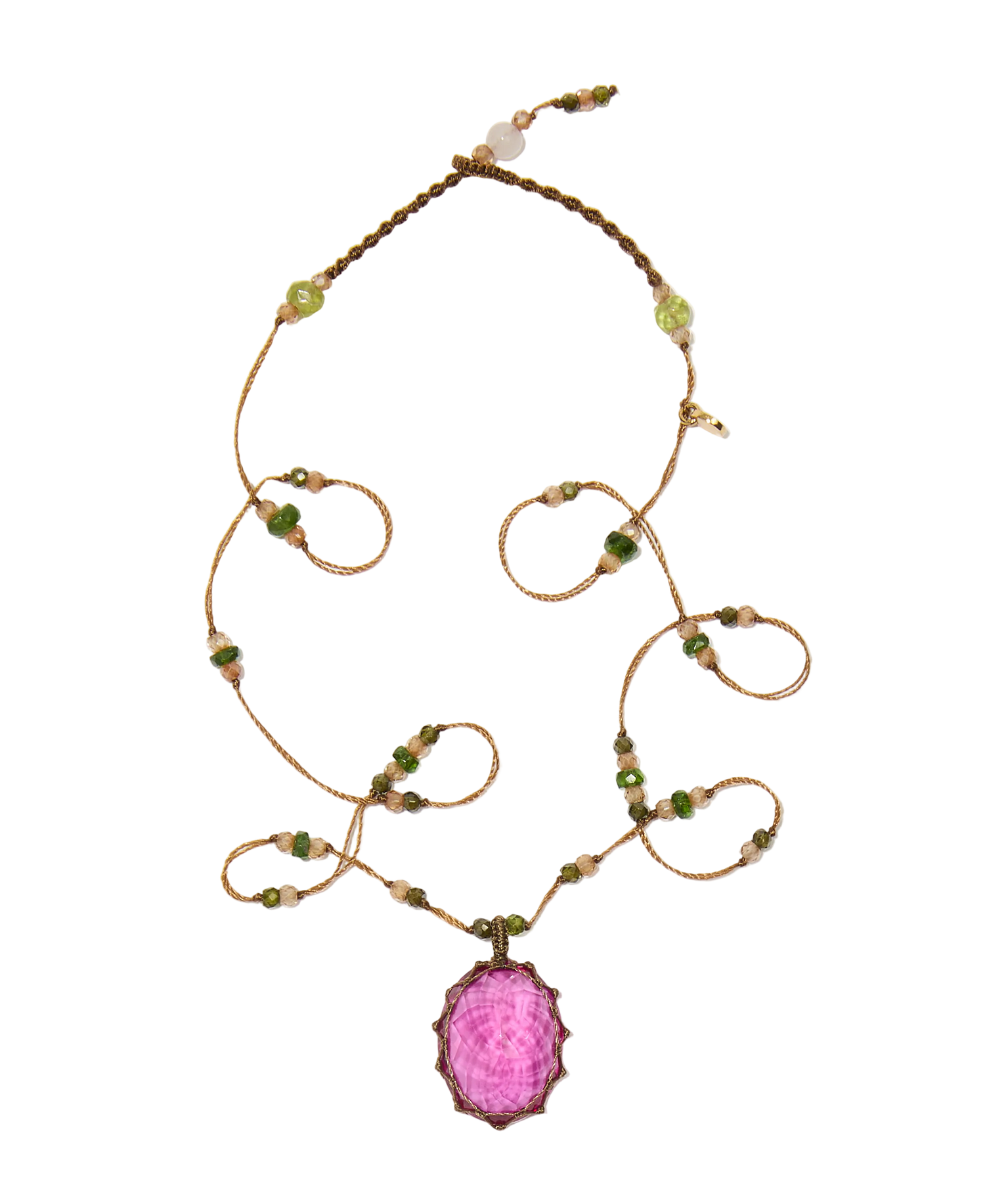 Collier court tibétain - Indian Glass Pink - Mix Emeraude - Fil Tabac