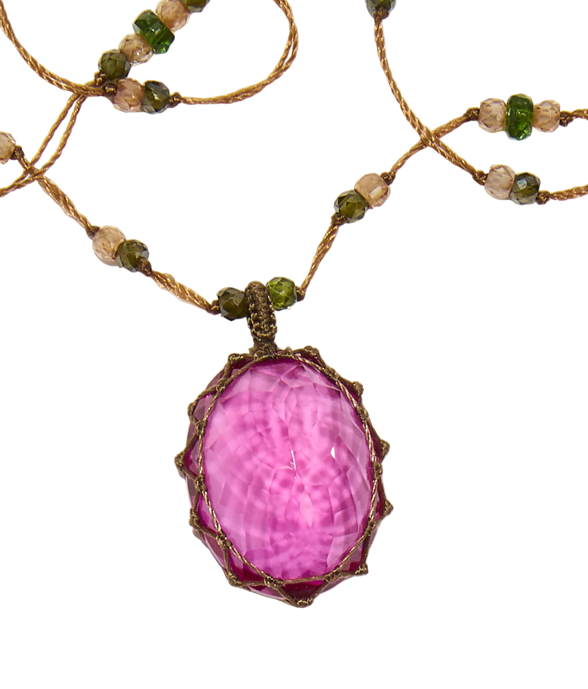 Collier court tibétain - Indian Glass Pink - Mix Emeraude - Fil Tabac