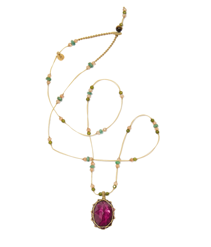 Collier court tibétain - Dublet Rhodolite - Mix Emeraude - Fil Beige