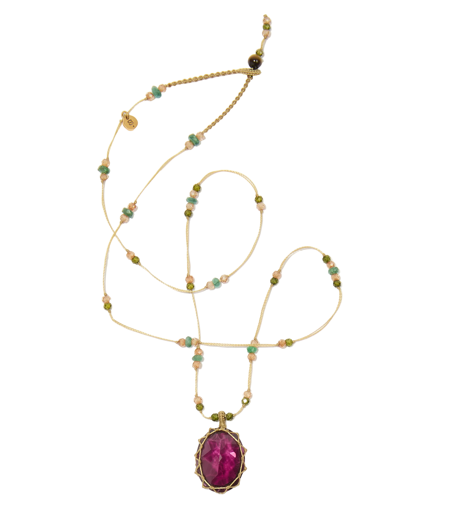 Collier court tibétain - Dublet Rhodolite - Mix Emeraude - Fil Beige
