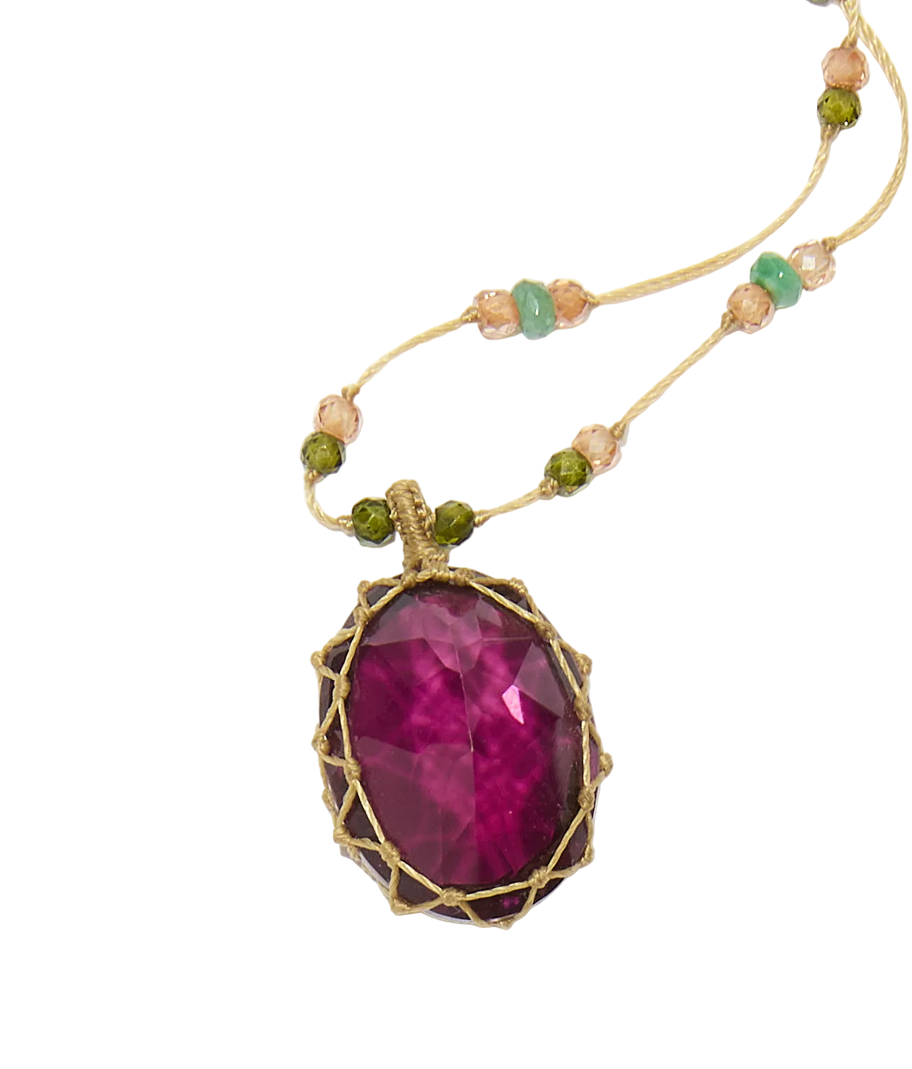 Collier court tibétain - Dublet Rhodolite - Mix Emeraude - Fil Beige