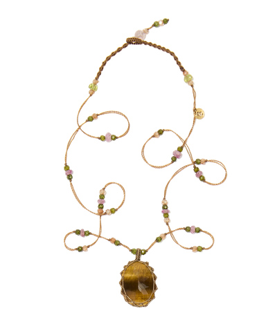 Collier court tibétain - Oeil de Tigre - Mix Tourmaline Rose - Fil Tabac