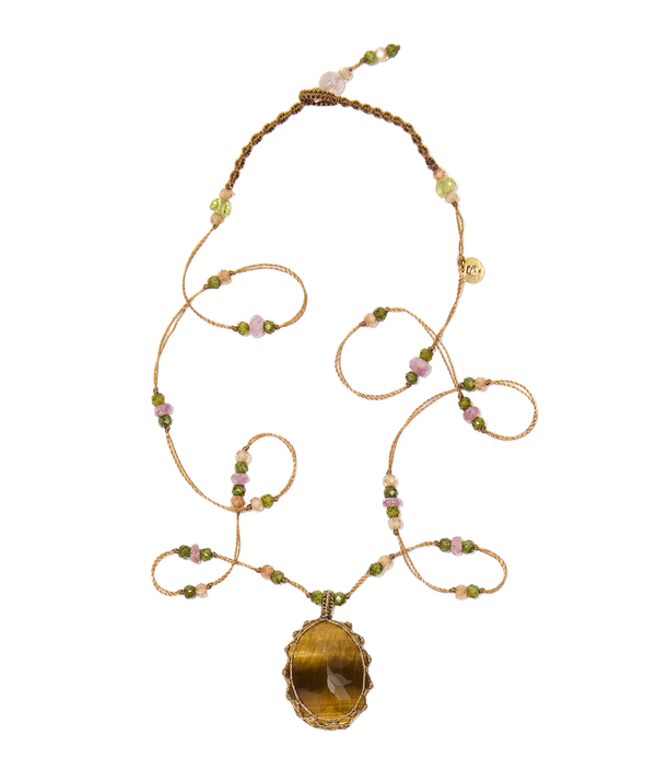 Collier court tibétain - Oeil de Tigre - Mix Tourmaline Rose - Fil Tabac