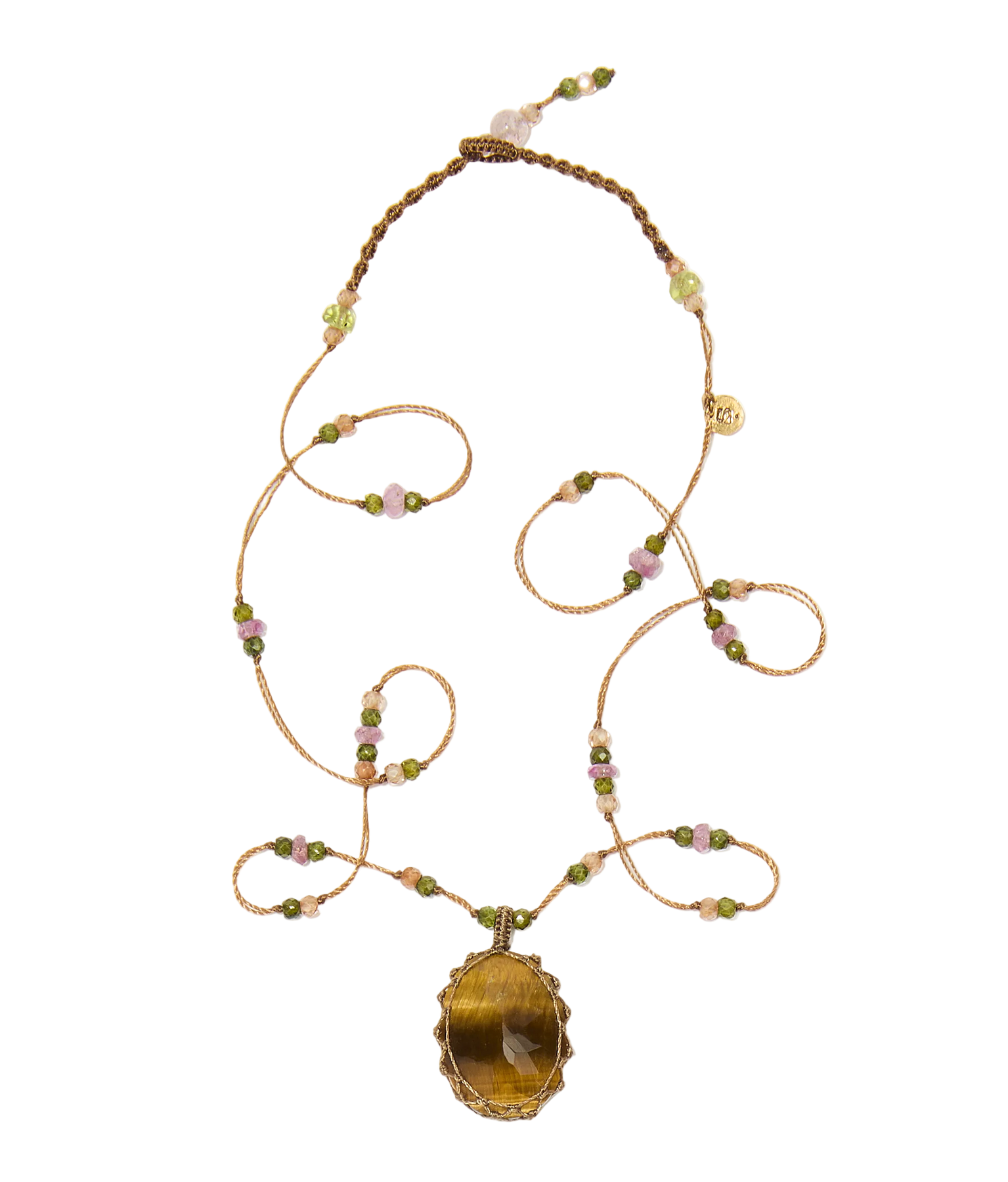 Collier court tibétain - Oeil de Tigre - Mix Tourmaline Rose - Fil Tabac