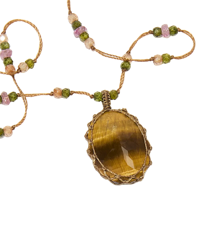 Collier court tibétain - Oeil de Tigre - Mix Tourmaline Rose - Fil Tabac