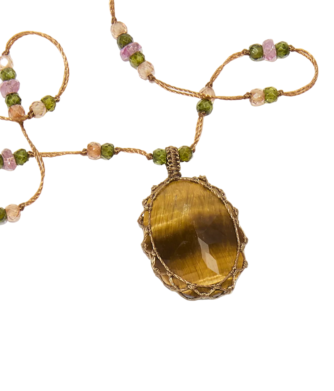 Collier court tibétain - Oeil de Tigre - Mix Tourmaline Rose - Fil Tabac