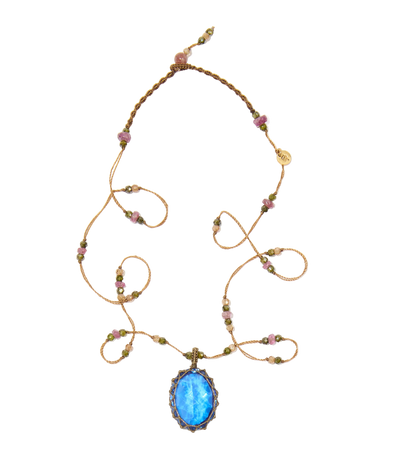 Collier court tibétain - Dublet Tanzanite - Mix Tourmaline Rose - Fil Tabac