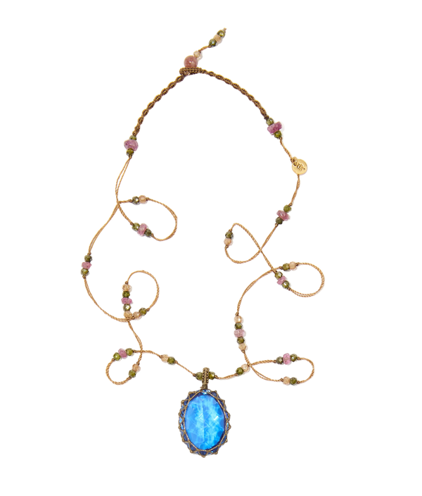 Collier court tibétain - Dublet Tanzanite - Mix Tourmaline Rose - Fil Tabac