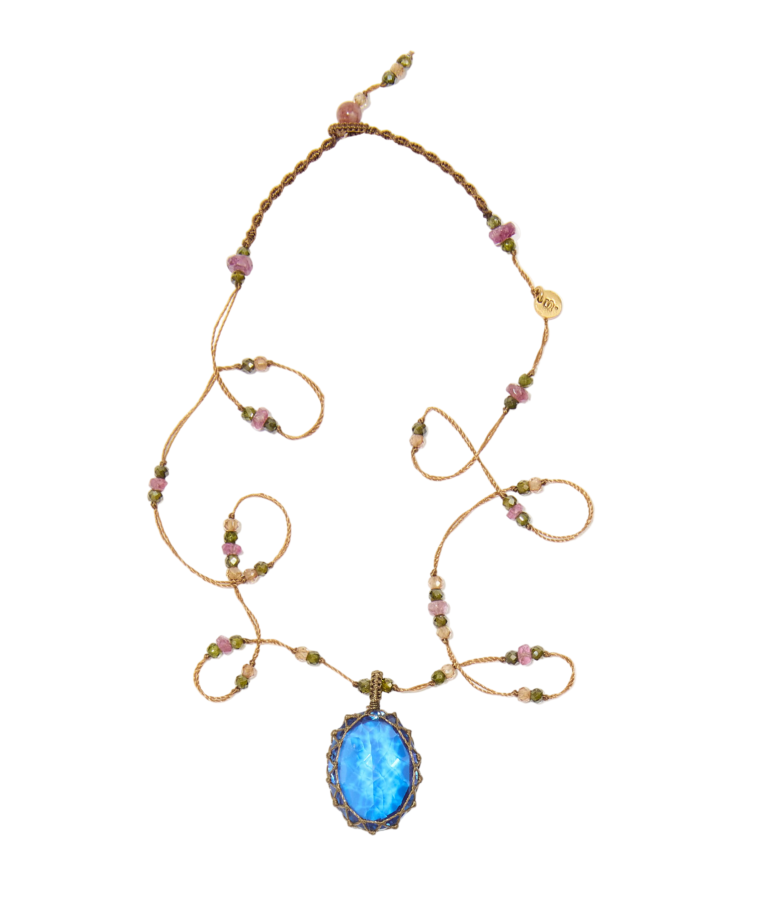 Collier court tibétain - Dublet Tanzanite - Mix Tourmaline Rose - Fil Tabac