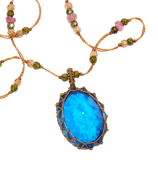 Collier court tibétain - Dublet Tanzanite - Mix Tourmaline Rose - Fil Tabac