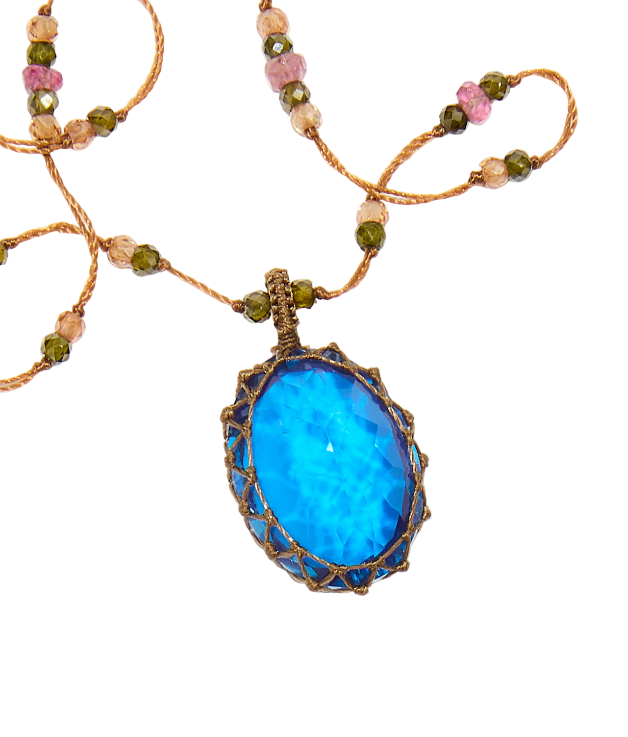 Collier court tibétain - Dublet Tanzanite - Mix Tourmaline Rose - Fil Tabac