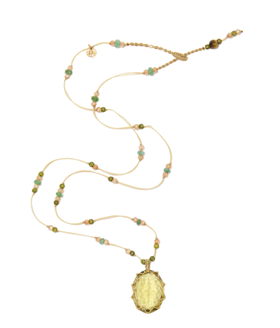 Collier court tibétain - Olive Quartz - Mix Emeraude - Fil Tabac