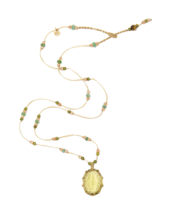 Collier court tibétain - Olive Quartz - Mix Emeraude - Fil Tabac