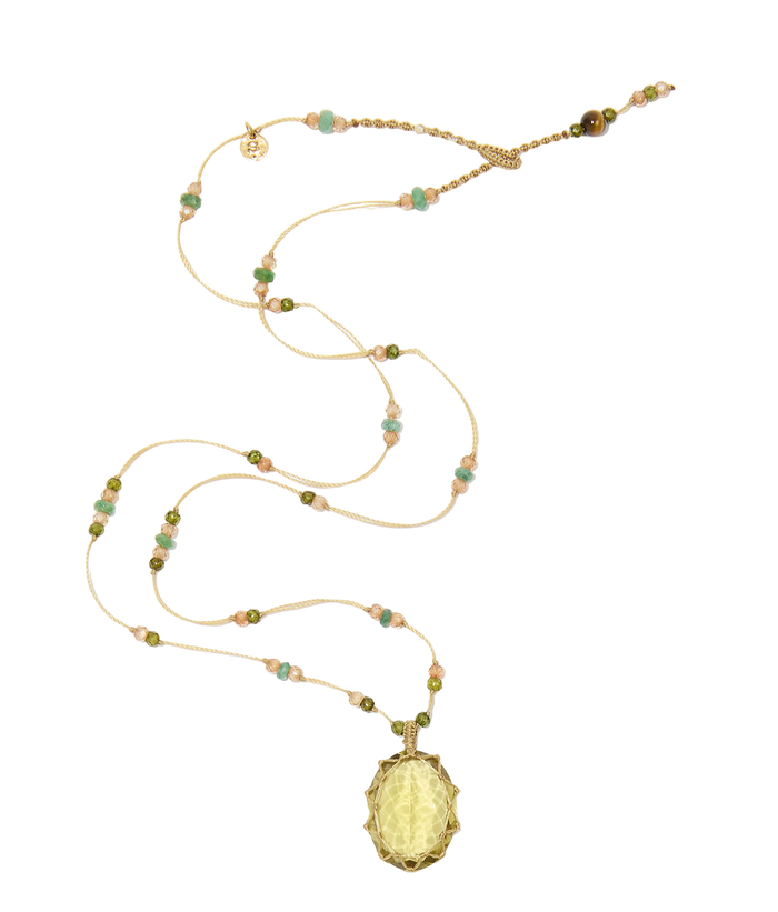 Collier court tibétain - Olive Quartz - Mix Emeraude - Fil Tabac