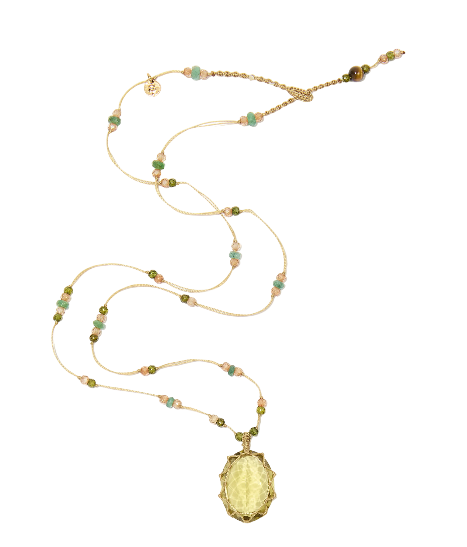 Collier court tibétain - Olive Quartz - Mix Emeraude - Fil Tabac