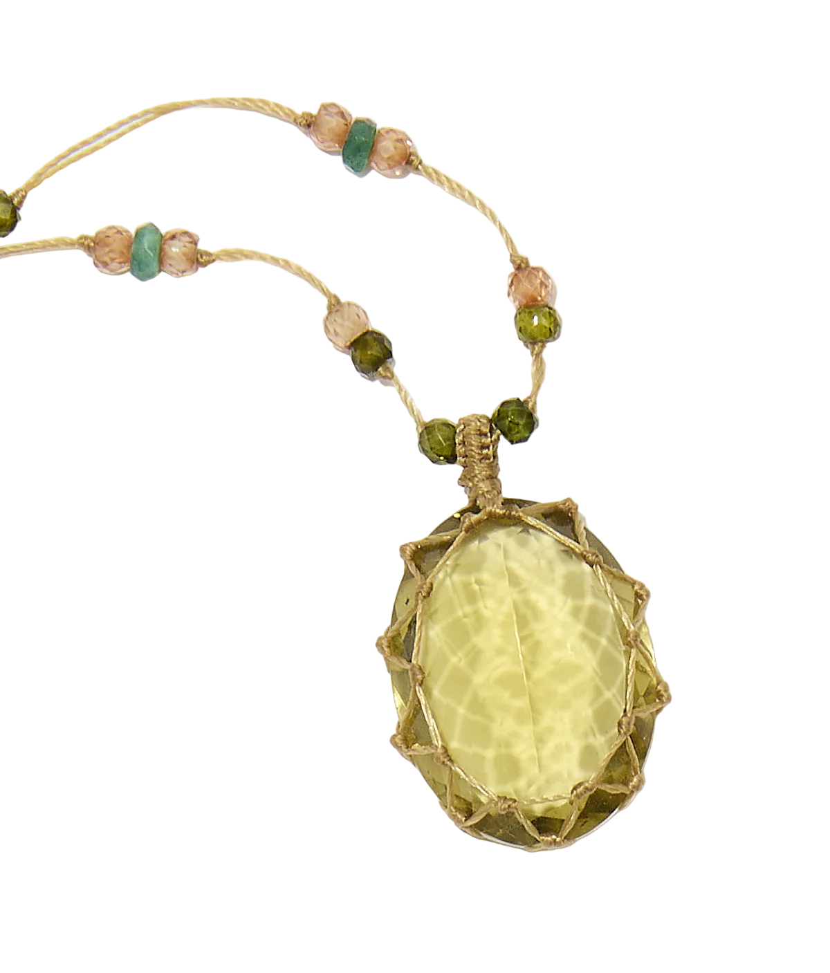 Collier court tibétain - Olive Quartz - Mix Emeraude - Fil Tabac