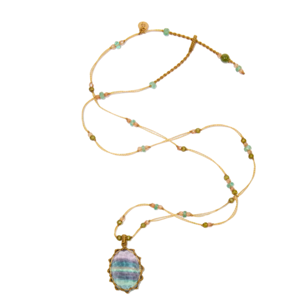 Collier Court Tibétain - Fluorite rainbow - Mix Emeraude - Fil Beige
