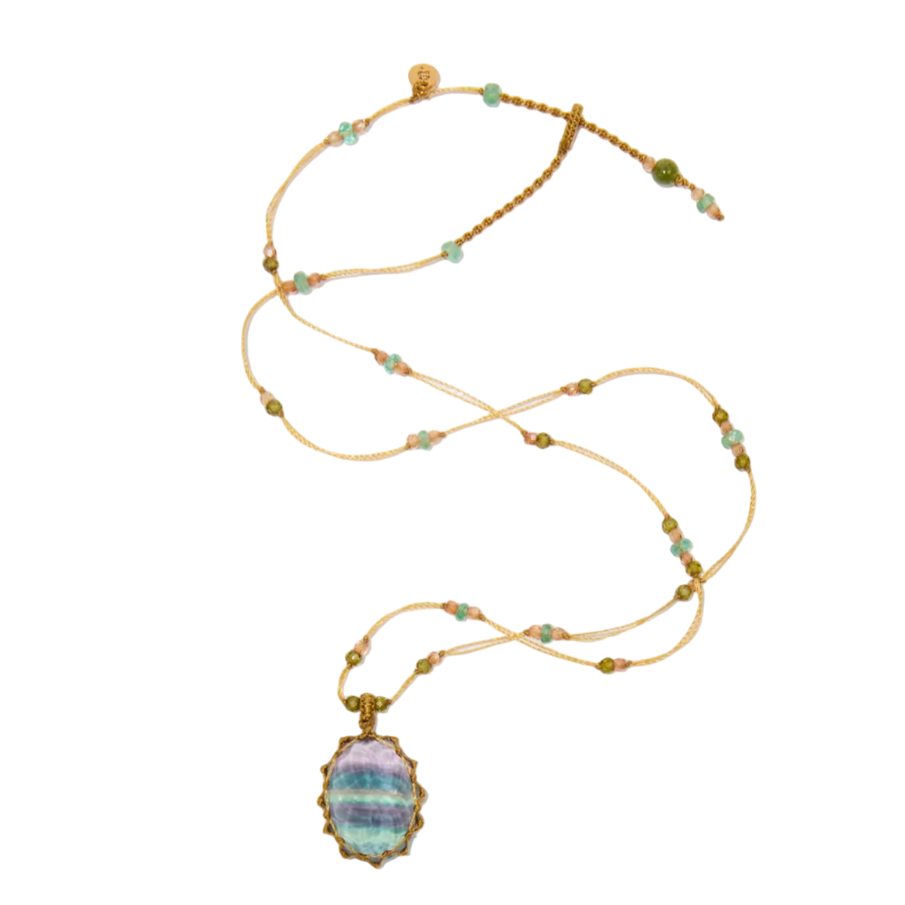 Collier Court Tibétain - Fluorite rainbow - Mix Emeraude - Fil Beige